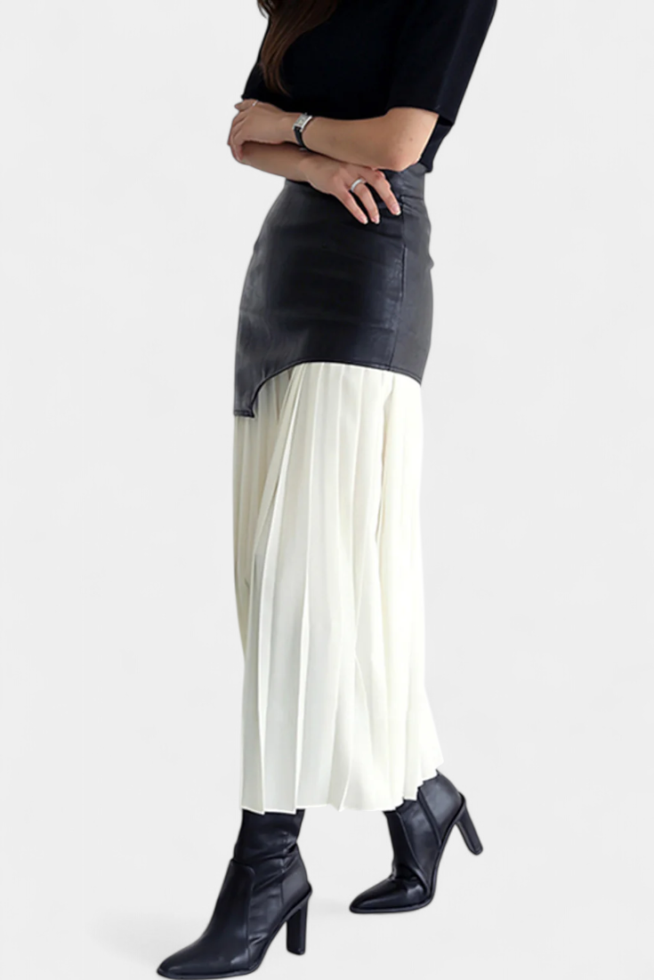 Noelle Falda Maxi Asimétrica de Chifón y Cuero Sintético