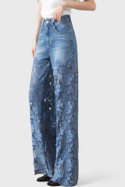 Jasiel Pantalón Palazzo de Encaje Denim con Bordado Floral