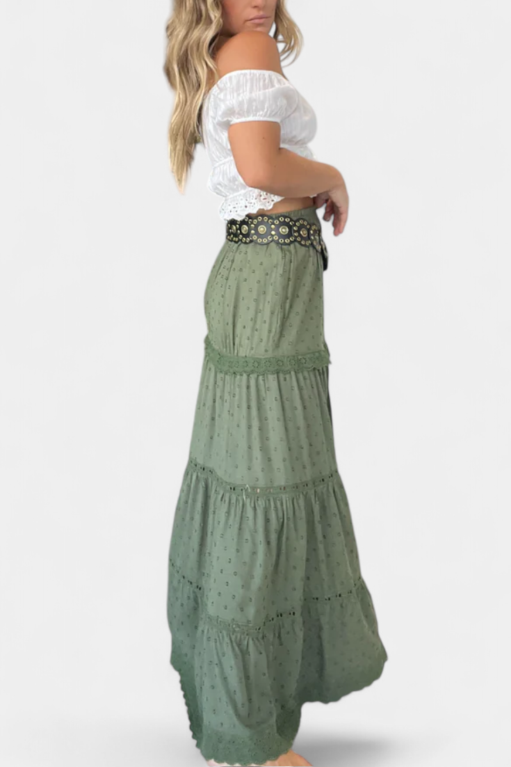 Dola Falda Maxi Boho con Encaje y Abertura Frontal