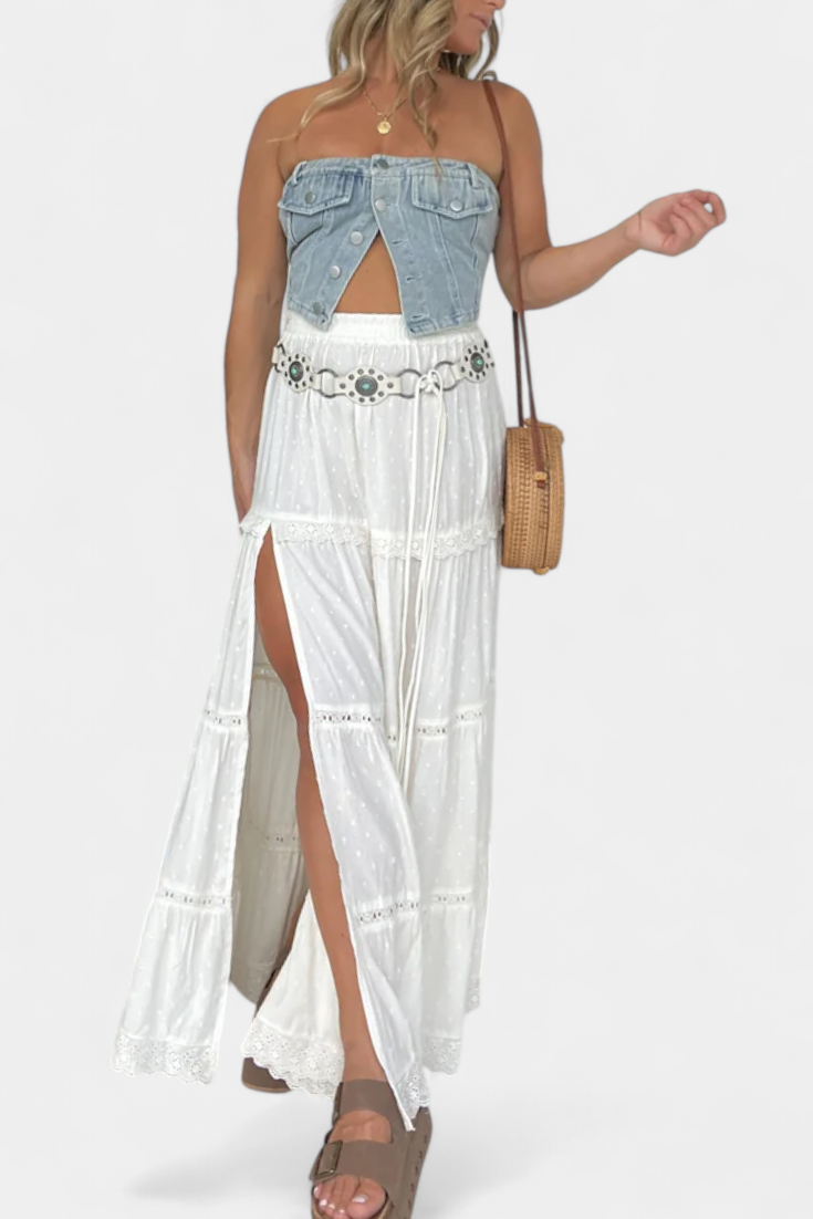 Dola Falda Maxi Boho con Encaje y Abertura Frontal