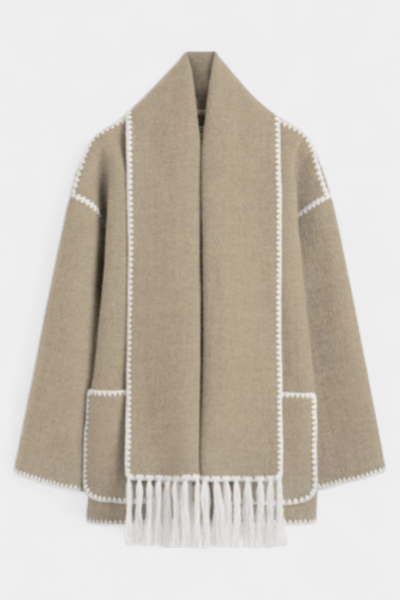 Pauline | Abrigo de Corte Suelto con Bufanda de Flecos Incorporada