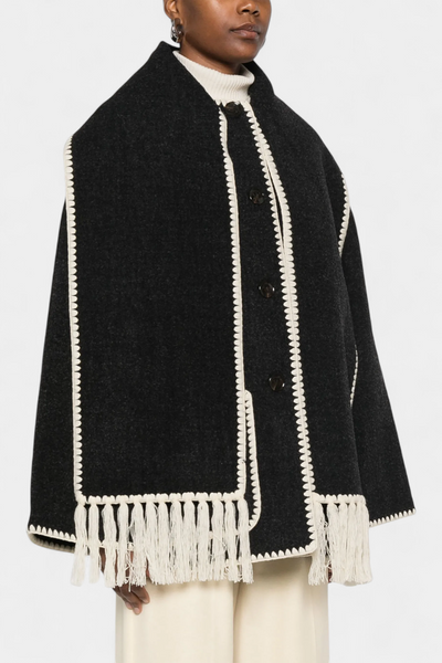 Pauline | Abrigo de Corte Suelto con Bufanda de Flecos Incorporada